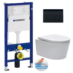 Geberit Pack WC Bâti UP100 + WC sans bride SAT, fixations invisibles + Abattant softclose + Plaque Noire brillante