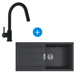 Franke Built-in Sink 100×50cm, 1 Bowl and Drainer, Tectonite, Onyx + Mixer Tap with Pull-out Spray, Matt Black (S2D611-100C-LINA5)