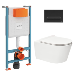 Toilet Pack V-Fix Frame + SAT Rimless Toilet + Soft-Close Seat + Matt Black Flush Plate (V-FixBrevis-6)