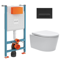 Toilet Pack V-Fix Frame + SAT Rimless Toilet + Soft-Close Seat + Matt Black Flush Plate (V-FixSATrimless-6)