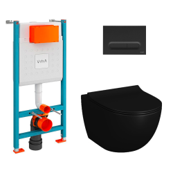 Toilet Pack V-Fix Frame + Matt Black Sento Rimless Toilet + Soft-Close Seat + Matt Black Flush Plate (V-FixBlackSento-B)