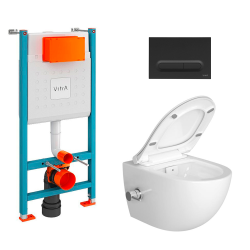 Toilet Pack V-Fix Frame + SAT Infinitio Rimless Toilet + Soft-Close Seat + Matt Black Flush Plate (V-SATClean-B)