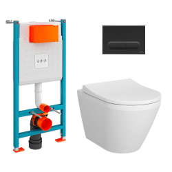 Toilet Pack V-Fix Frame +  Integra Rimless Wall-Hung Toilet + Soft-Close Seat + Matt Black Flush Plate (V-FixIntegra-B)