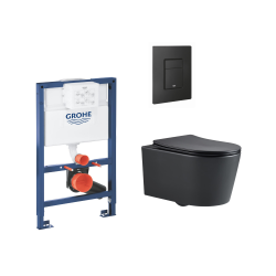 Grohe Rapid SL Low height Frame + SAT Rimless wall hung toilet + soft close seat + Black flush plate (RapidSL-BlackSAT-82-KF0)