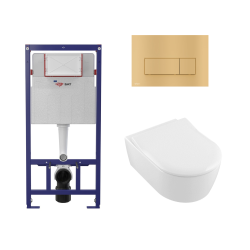 Swiss Aqua Technologies SAT cistern frame + V&B Arceau Rimless wall hung toilet + soft close seat + Matt gold flush plate (SMARTK-Avento-gold)