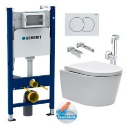 Geberit Toilet Frame Geberit 112cm + Swiss Aqua Technologies Rimles bowl + Bidet shower + White plate (SATRIMLGEB3-SPRAY3)