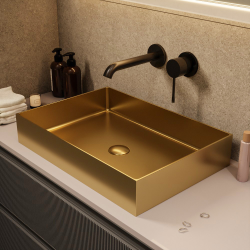 Ceramia Timeless Countertop Basin, Stainless Steel, 55 x 38 x 11 cm, Without Overflow + Drain, Brushed Gold PVD (TMLW-5538BG)