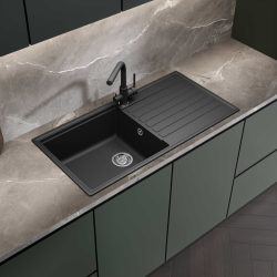 Swiss Aqua Technologies 100x50 cm sink with reversible drainer in Granite, Built-in, black (SATSINKGQK103B)