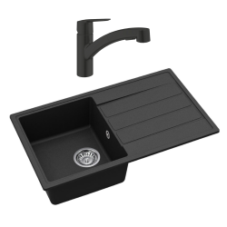 Swiss Aqua Technologies 76x44 cm inset sink with granite drainer + single-lever mixer tap with 2-jet spray, matt black (SATSINKGE3B-SET)