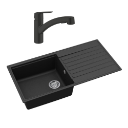 Swiss Aqua Technologies 100x50 cm inset sink with reversible granite drainer + single-lever mixer tap with 2-jet hand shower, matt black