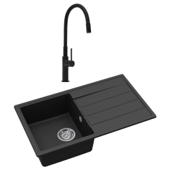Swiss Aqua Technologies 76x44 cm inset sink with reversible granite drainer + Neoperl® aerator mixer tap, matt black (SATSINKGE3B-SET1)