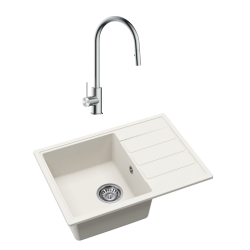 Swiss Aqua Technologies 62x44 cm inset sink with reversible granite drainer + mixer tap with 2-jet hand shower, white (SATSINKGE2W-SET1)