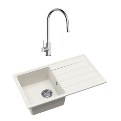 Swiss Aqua Technologies 76x44 cm sink with reversible granite drainer to cast + mixer tap with 2-jet hand shower, white (SATSINKGE3W-SET1)