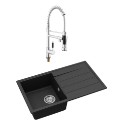 Swiss Aqua Technologies 76x44 cm inset sink with reversible granite drainer + mixer tap with swivel arm, 2 jets, matt black (SATSINKGE3B-SET2)