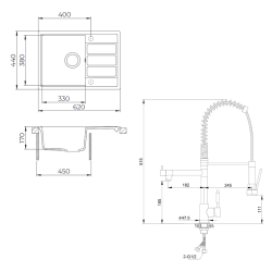  62x44 cm inset sink with reversible granite drainer + mixer tap with swivel arm, 2 jets, white (SATSINKGE2W-SET2)