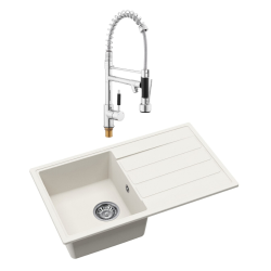 Swiss Aqua Technologies 76x44 cm inset sink with reversible granite drainer + 2-jet mixer tap with swivel arm, white (SATSINKGE3W-SET2)