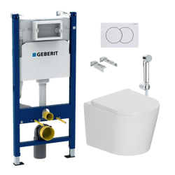 Geberit Duofix 112cm Frame + Ceramia Rimless toilet + 1jet handshower + White plate (CETORGEB3SPR2VP)