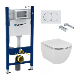 Geberit Toilet set Duofix frame + Ideal Standard Bowl Tesi Aquablade + White flush Plate (TesiGeb3)