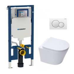 Geberit UP720 extra-flat toilet frame + SAT Infinitio rimless WC with invisible fixings + White flush plate (SLIM-Infinitio-B)