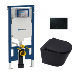 Geberit UP720 slim support frame set  + matt black SAT Infinitio rimless + Softclose seat + SLIM-BlackInfinitio-A flush plate