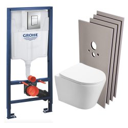 Grohe Toilet Set support frame + Swiss Aqua Technologies Infinitio rimless, invisible fixings + Chrome plate + Wall cladding set