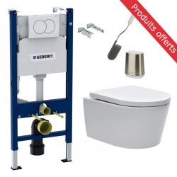 Geberit Duofix support frame + SAT rimless WC + Softclose seat + White flush plate + FREE toilet brush (SATrimlessGeb3-Flex1)