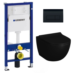 Geberit Duofix Frame + Matt Black Infinitio Rimless Toilet + Soft-Close Seat + Black Flush Plate (BLINFI2GEB7)