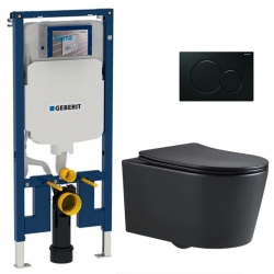 Geberit Toilet set UP720 slim frame + SAT rimless toilet, matt black + softclose seat + black plate (SLIM-BlackSATrimless-A)