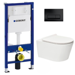 Geberit Toilet Pack Duofix UP100 Frame + Rimless SAT Brevis Toilet with Soft-Close Seat + Matt Black Flush Plate (BrevisGeb10)