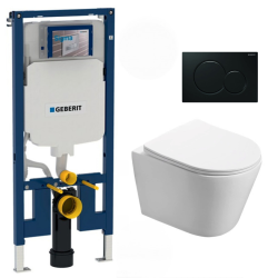 Geberit UP720 Extra-Slim Frame + Rimless SAT Infinitio Bowl, Invisible Fixings + Glossy Black Flush Plate (SLIM-INFINITIO-A)