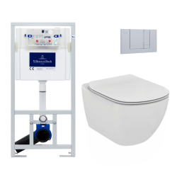 Villeroy & Boch Toilet set support frame + Ideal Standard TESI AquaBlade rimless bowl + Chrome flush plate (ViConnectTesi-1)
