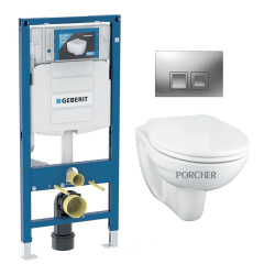 Geberit Pack WC DuofixBasic Geberit support frame + Porcher wall-hung toilet rimless + Geberit DELTA35 matt chrome plate (PorcherGeb2)