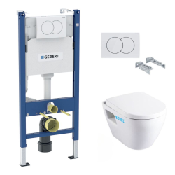 Geberit Toilet set Self supporting frame + Serel SM26 rimless bowl  + Soft close seat + White flush plate (SM26Geb3)