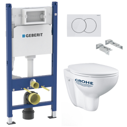 Geberit Toilet Set Geberit Duofix frame + Grohe Bau Ceramic wall-hung toilet + Removable seat + White plate (BauClassicGeb3)