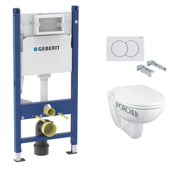 Geberit Toilet set Duofix Toilet Frame + Porcher rimless wall-hung bowl + Ideal Standard ASTOR seat + White plate (PorcherGeb3)
