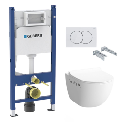 Geberit Toilet Set Geberit Duofix frame + Vitra Sento SmoothFlush rimless toilet + Softclose seat + White plate (SentorimlessGeb3)