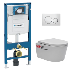 Geberit Toilet set Frame with SAT rimless toilet,  invisible fixings + Softclose seat + White chrome flush plate (GebSatrimless-C)