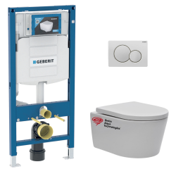 Geberit Toilet set  support frame with SAT rimless bowl, invisible fixings + softclose seat + Flush plate (GebSatrimless-B)