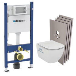 Geberit Pack Toilet Support frame + Ideal Standard Tesi Aquablade bowl + White plate +  Wall cladding set  (TesiGeb3-sabo)