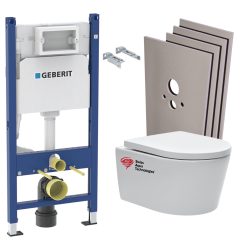 Geberit Toilet 112cm Frame + Swiss Aqua Technologies rimless toilet + White plate + Wall cladding (SATGEB3SB)