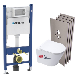 Geberit WC Frame + SAT Infinitio Rimless Toilet + Soft-Close Seat + White Flush Plate + Wall cladding set (INFINITIOGEB3-SABO)