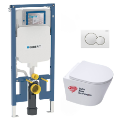 Geberit UP720 extra-flat toilet frame + SAT Infinitio rimless WC with invisible fixings + White flush plate (SLIM-INFINITIO-B)