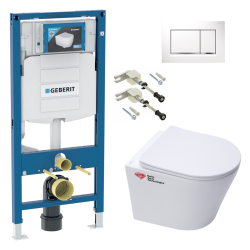 Geberit Toilet set Frame UP320 + SAT Infinitio rimless WC  + Softclose seat + White flush plate (GebInfinitio-H)
