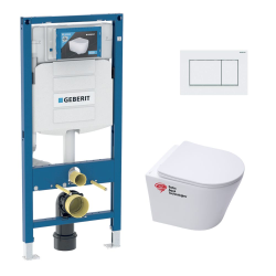 Geberit Support frame UP320 + SAT Infinitio rimless toilet + Softclose seat + White flush plate (GebInfinitio-K)