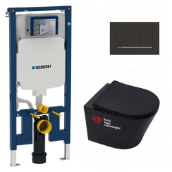 Geberit Support frame + SAT Infinitio Rimless wc + Soft close seat + Matt black/chrome Flush Plate (SLIMBLINFIM)