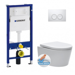 Geberit UP100 Toilet Frame + Swiss Aqua Technologies Rimless bowl + soft-close seat + white plate (SATrimlessGeb5)