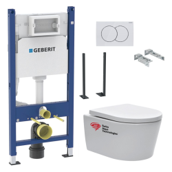Geberit Free-standing pack Duofix frame + SAT rimless toilet, invisible fixings + Softclose seat + White plate (SATrimlessGebX)