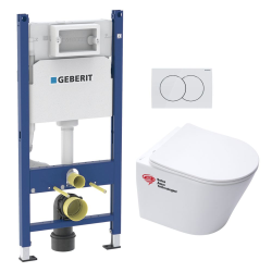 Geberit Toilet set Duofix frame + SAT Infinitio rimless bowl, matt white + Soft close seat + White flush plate (InfinitioMatGeb3)