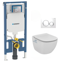 Geberit Extra-flat frame UP720 + Ideal Standard Tesi Aquablade bowl + Softclose seat + White/Chrome flush plate (SLIM-Tesi-C)