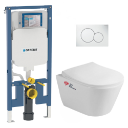 Geberit UP720 Extra-Flat Support Frame Set + Lucco Avva Rimless Toilet + Soft-Close Seat + White Flush Plate (SLIM-Avva-B)